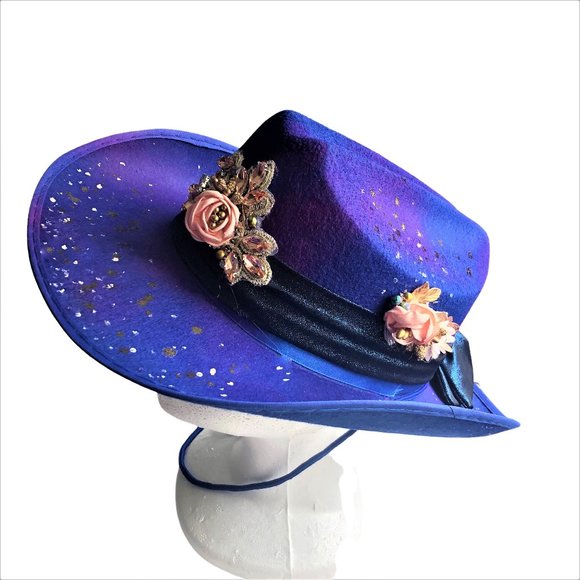 Bohemian Blue Cowboy Felt Hat with Lace Flowers Rhinestones Color NEW